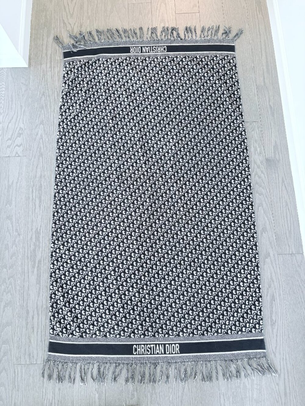 Christian Dior Navy Blue Oblique Beach Towel With Tassel Fringe